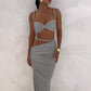 2025 Latest Women's 2-piece Sexiness Pretend Wrinkle Open Umbilical Tank Top+Shirt High Waist Long Dress Solid Color Set