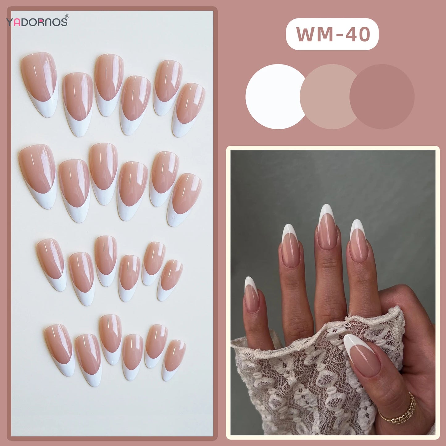 Glossy Nude Pink Color False Nails White French Tip Almond Press on Nails Full Cover Wearable Fake Nails for Women and Girls