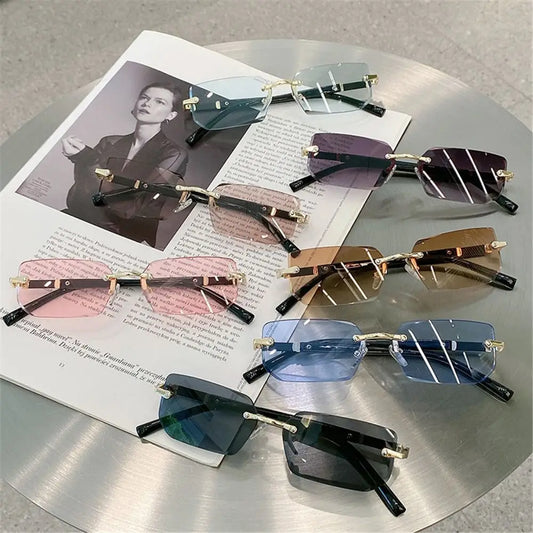 Trendy Rimless Sunglasses for Men Women Fashion Frameless Rectangle Sun Glasses Retro Shades Summer Traveling Eyewear