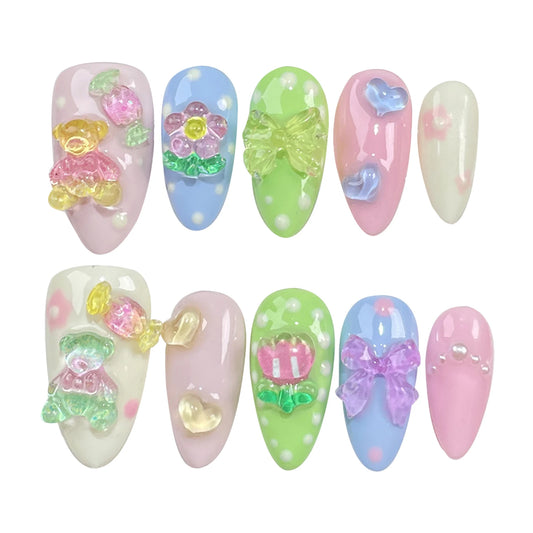Handmade Press on Nails Cartoon Bear Design False Nails with Flower Decor Cute Colorful False Nails for Women and Girl Wearable