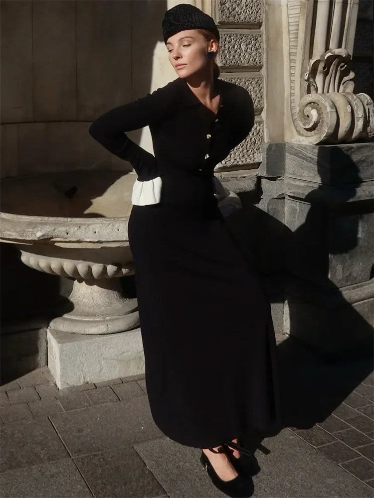 Tossy Female Ruffled Knitwear Long Dress Fashion Patchwork Slim Contrast Lapel Casual Party Dress Gown Women's Knit Maxi Dress