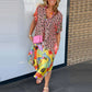 Retro Leopard Print Patchwork Pattern Party Dress Women Sexy V Neck Loose Split Long Dress Spring Summer Short Sleeve Boho Dress