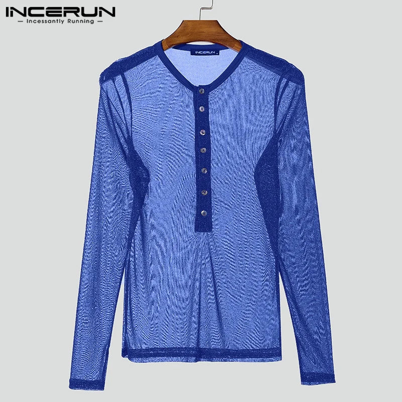 Fashion Well Fitting Tops INCERUN Men Sparkling Fabric T-shirts Male Personality Clubwear Hot Selling Thin Long Sleeved Camiseta