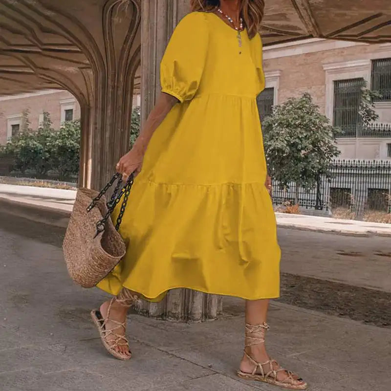 Vintage Loose Maxi Long Dress Summer Women O-Neck Half Lantern Sleeve Boho Party Beachwear Dresses ZYYX-1182