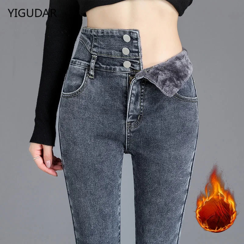 Women jeans Thick Velvet High Waist Skinny Jeans Jeans Winter Warm Plush Stretch Snow Jeans Lady Denim Pants women Trousers