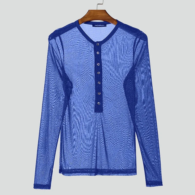 Fashion Well Fitting Tops INCERUN Men Sparkling Fabric T-shirts Male Personality Clubwear Hot Selling Thin Long Sleeved Camiseta