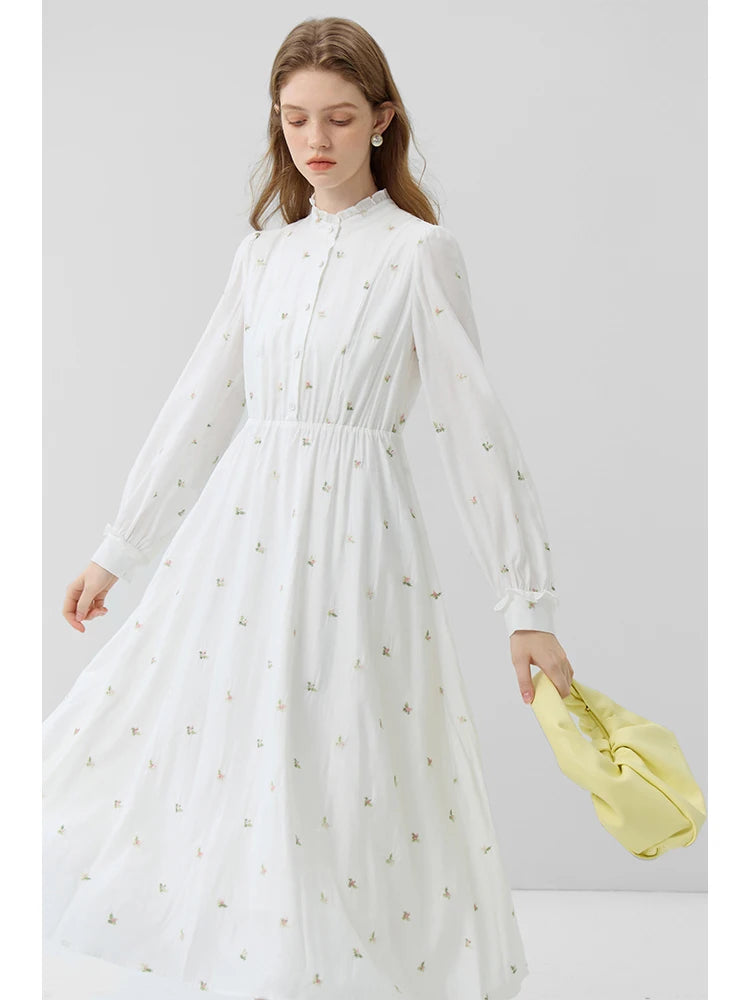 FSLE Flower Dress Autumn 2023 New Sweet Exquisite Women's Long Dress White Women Casual Loose Full Sleeve Dress For Women