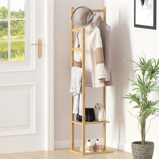 Bamboo Coat Stand Versatile Corner Coat Tree Storage Shelf with Rack  for Hallway Living Room Bedroom