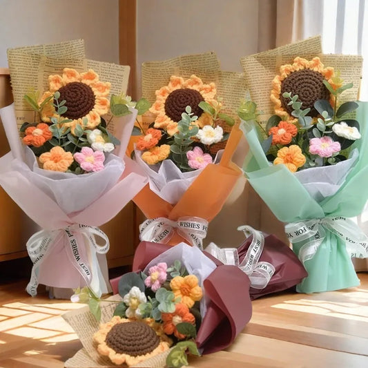 Artificial Flower Crochet Bouquet Handmade Anniversary Sunflower Daisy Bouquet Mothers Day Birthday Gift Eternal Flower