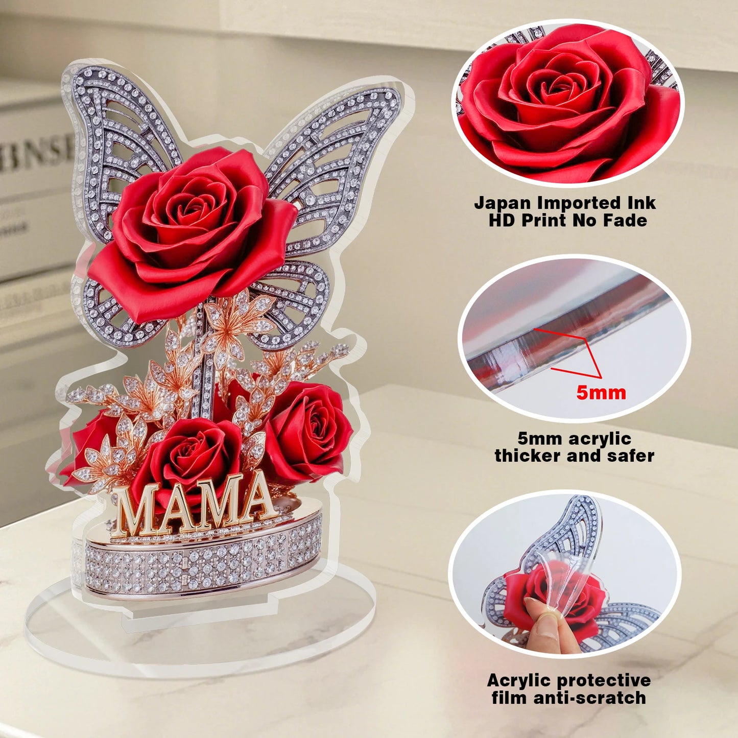 A gift for mom: An eternal souvenir, an acrylic display stand decorated with roses and butterflies. A beautiful gift