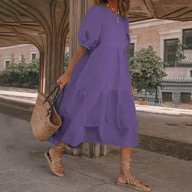 Vintage Loose Maxi Long Dress Summer Women O-Neck Half Lantern Sleeve Boho Party Beachwear Dresses ZYYX-1182
