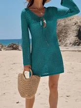Summer Tie Front Knit CutOut Cover Up Solid Color Bikini Swimwear Beach Resort Boho Chic Swim Set Breathable Cardigan Mini Dress