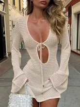 Summer Tie Front Knit CutOut Cover Up Solid Color Bikini Swimwear Beach Resort Boho Chic Swim Set Breathable Cardigan Mini Dress
