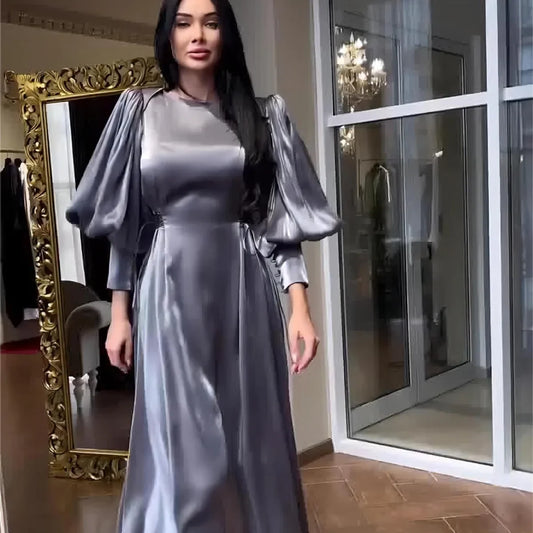 2025 Evening Women Satin Long Dress Black Lantern Sleeve Sexy Elegant Dresses Female New Fashion Casual Party Vestidos Clothes