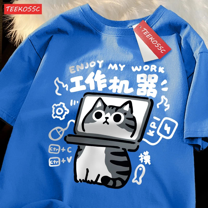 American Short Cat Numb Funny Short Sleeved t-shirt For Women In 2024 Summer New Casual Loose Oversized Cotton Top Tees