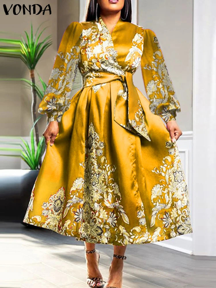 VONDA Women Satin Silk Dress 2024 Bohemian Printing Long Lantern Sleeve Vestidos Elegant Sundress Casual V-Neck Robe Oversized