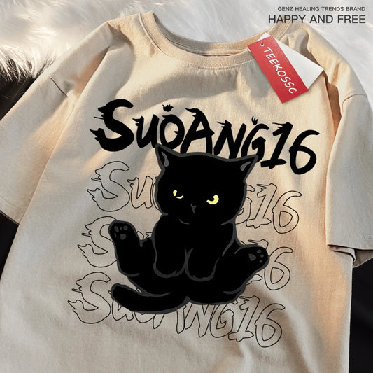 Fun Black Cat Print Japanese Style Men Women T-Shirt Fashion Clothing Cotton Tops Fashion Summer Tee Clothes Oversized Tshirt