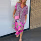 Retro Leopard Print Patchwork Pattern Party Dress Women Sexy V Neck Loose Split Long Dress Spring Summer Short Sleeve Boho Dress