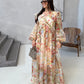 Fashion Print V-neck Women's Maxi Dresses Elegant Pleated Long Sleeve Loose Long Dress Female Summer Chic Casual Holiday Party