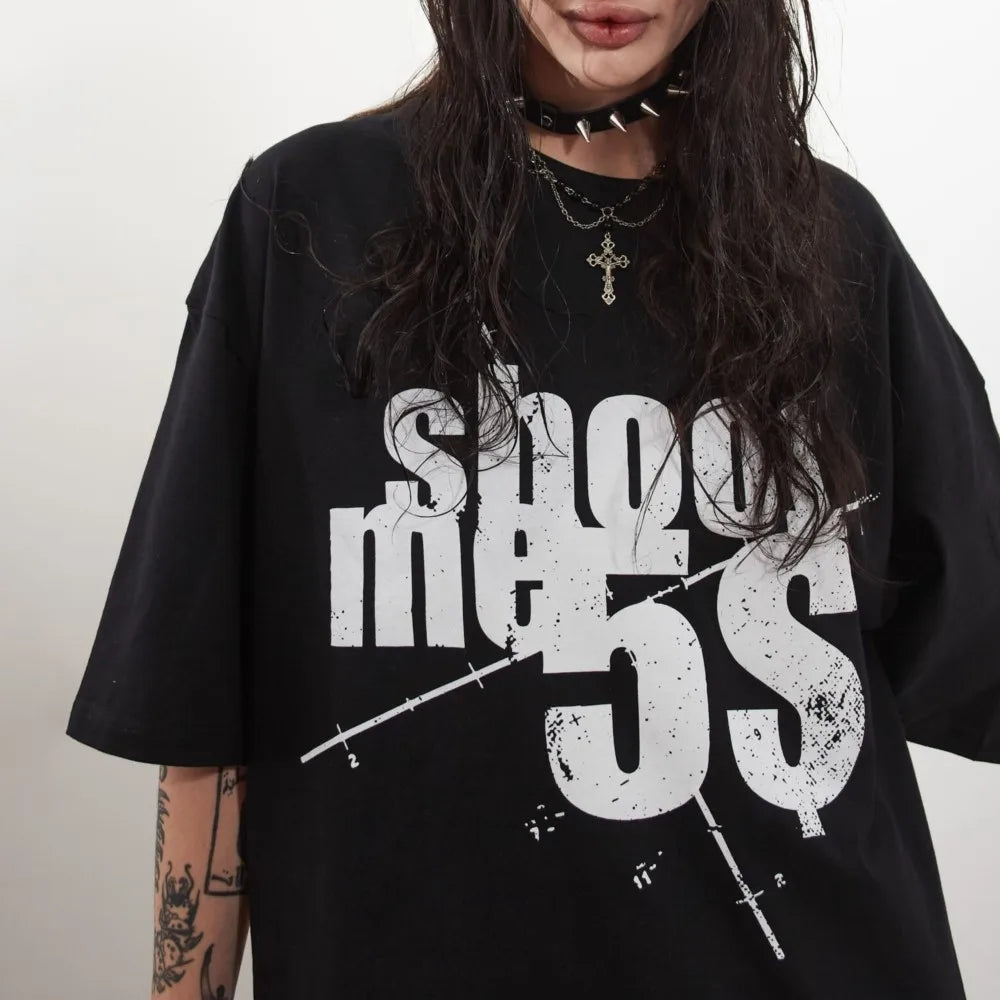 Harajuku Oversized Streetwear Men's Clothing SHOOTME5$ Graphic Print Tshirt Cotton Hip Hop Letter Short Sleeve Tops Tee Goth Y2k