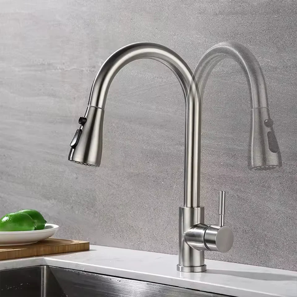 Kitchen Stainless Steel Hot and Cold Faucet, Kitchen Sink Pull-out Kitchen Faucet with 3 Functional Nozzles