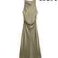 TRAF Women's Summer Sexy Sleeveless Slim Strapless Dress Elegant Silk Textured Long Dress Elegant Commuter Fashion Dresses