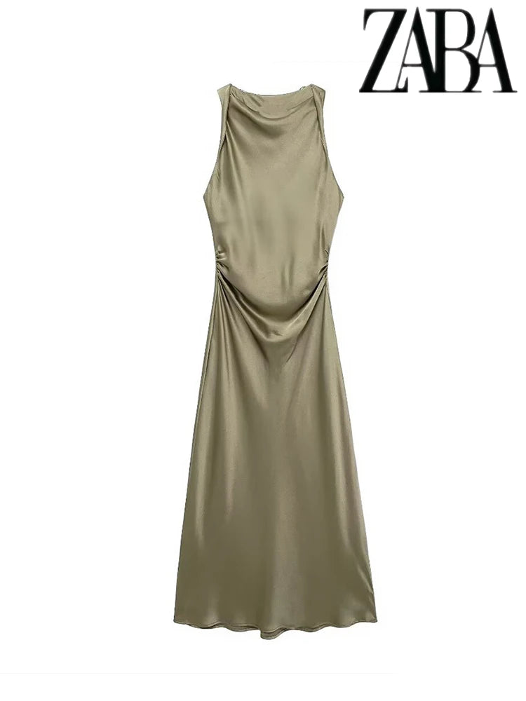 TRAF Women's Summer Sexy Sleeveless Slim Strapless Dress Elegant Silk Textured Long Dress Elegant Commuter Fashion Dresses