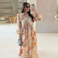 Fashion Print V-neck Women's Maxi Dresses Elegant Pleated Long Sleeve Loose Long Dress Female Summer Chic Casual Holiday Party