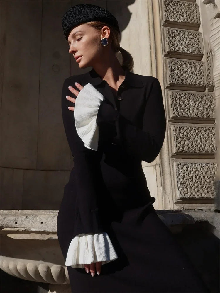 Tossy Female Ruffled Knitwear Long Dress Fashion Patchwork Slim Contrast Lapel Casual Party Dress Gown Women's Knit Maxi Dress