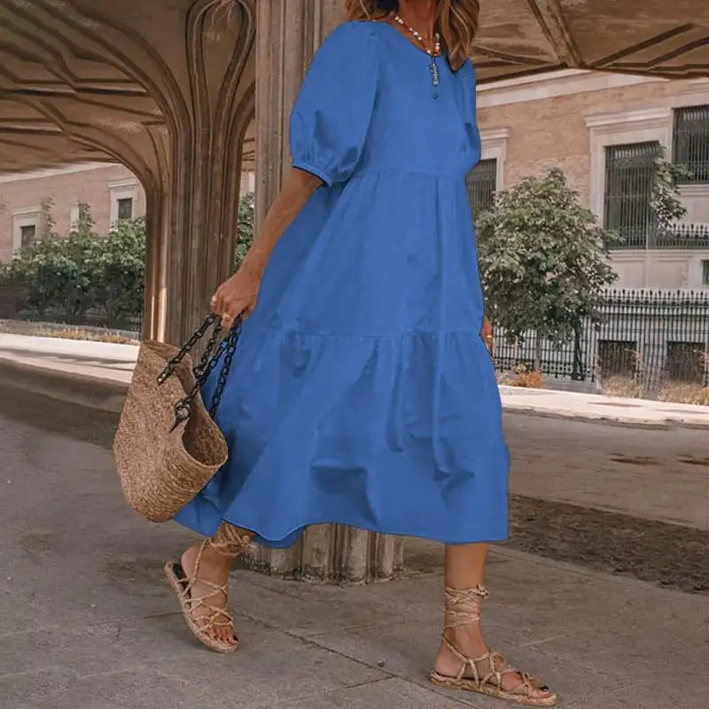 Vintage Loose Maxi Long Dress Summer Women O-Neck Half Lantern Sleeve Boho Party Beachwear Dresses ZYYX-1182