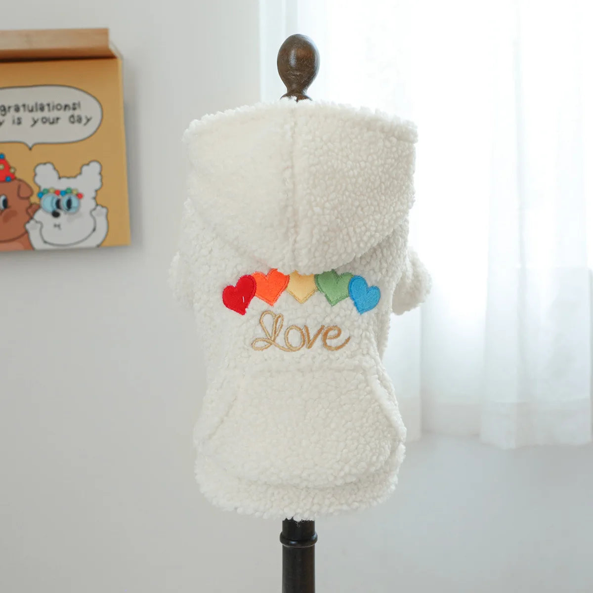 Pet Love Lamb Fleece Coat Clothes Dog Hoodie Coat Cat Clothing Rainbow Love Plush Coat Dog Clothes for Small Dogs Puppy