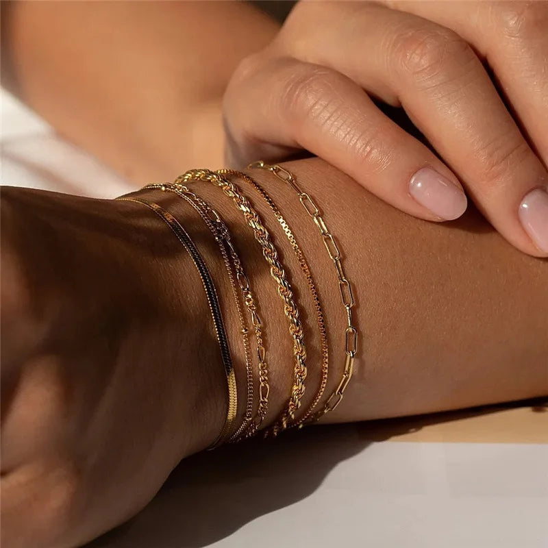 6Pcs Gold Color Bracelet Set Boho Retro Multilayer Thick Twist Cuban Chain Bracelet For Women 2024 Trendy Quality Jewelry Gifts