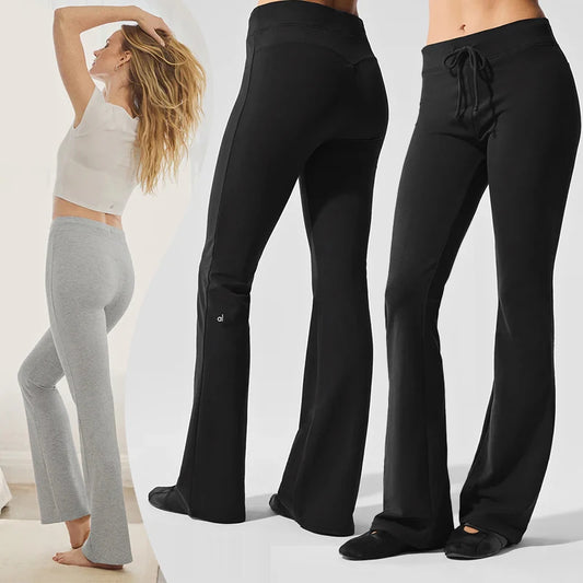AL Elegant Women's Mid Waist Pants Autumn Fitness Yoga Pants Drawstring Casual Slimming Trumpet Pants Y2 Solid Color Floor Pants