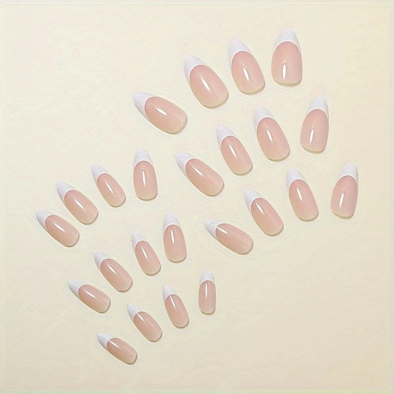 24 Pieces of White French Wearable Nails, Ice-Transparent Almond Nails, Fake Nail Patches, Simple Style Manicure, Finished Manicure