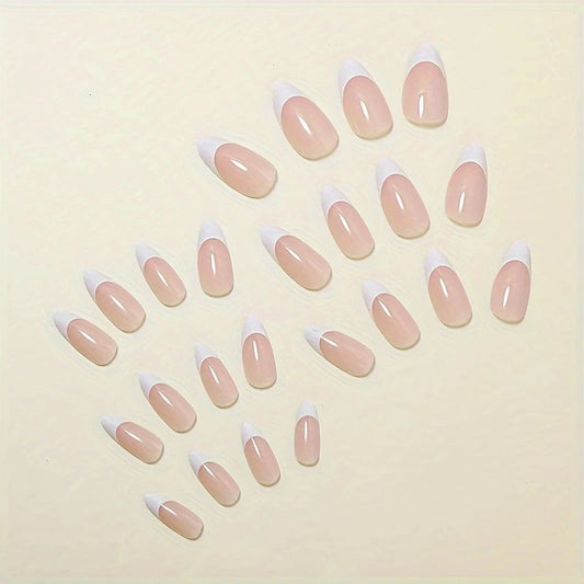 24 Pieces of White French Wearable Nails, Ice-Transparent Almond Nails, Fake Nail Patches, Simple Style Manicure, Finished Manicure
